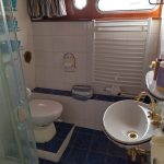 Image de la salle de bain du bateau. Elle est composée de carrelage blanc au mur et bleu marine au sol. On y trouve une douche et un toilette légèrement surélevé à gauche et un lavabo à droite.