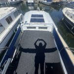 Connoisseur 1135 river cruiser Ingrine (1986) – solar panels on the coachroof seen from aft