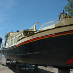 Dutch Luxe-Motor barge 14.50 m (1928) – steel hull ashore at the yard during refit