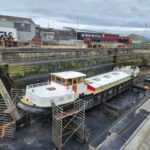 Dutch Luxe-Motor barge Dulcinea (1929) – barge in dry dock for hull maintenance